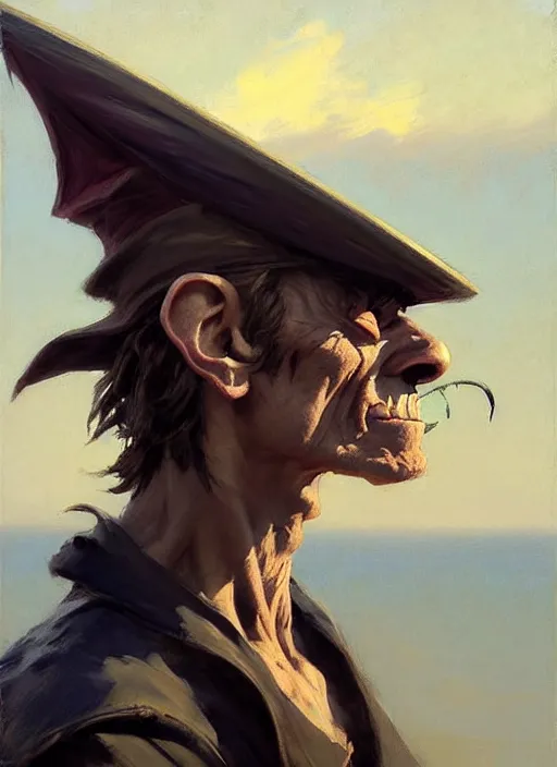 Image similar to portrait of a goblin pirate, countryside, calm, fantasy character portrait, dynamic pose, above view, sunny day, ocean background, artwork by Jeremy Lipkin and Giuseppe Dangelico Pino and Michael Garmash and Rob Rey, very coherent asymmetrical artwork, sharp edges, perfect face, simple form, 100mm