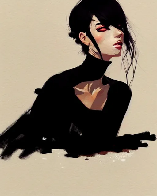 Image similar to a ultradetailed beautiful portrait panting of a stylish woman in a black dress sitting, by conrad roset, greg rutkowski and makoto shinkai trending on artstation