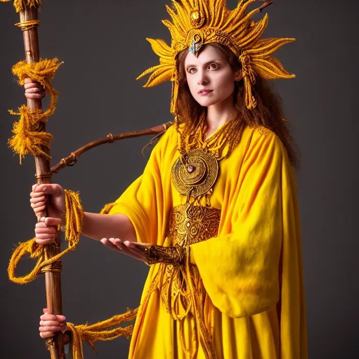 Prompt: photograph of a real-life beautiful sun witch with ornate yellow robes and staff. Extremely detailed. 8k