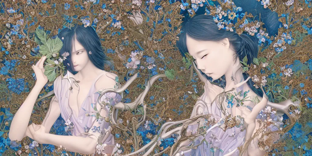 Image similar to breathtaking detailed concept art painting of the goddesses of nemophila flowers, orthodox saint, with anxious, piercing eyes, ornate background, amalgamation of leaves and flowers, by Hsiao-Ron Cheng, James jean, Miho Hirano, Hayao Miyazaki, extremely moody lighting, Black paper, cut paper texture, Full of light-blue and silver and white layers, 8K