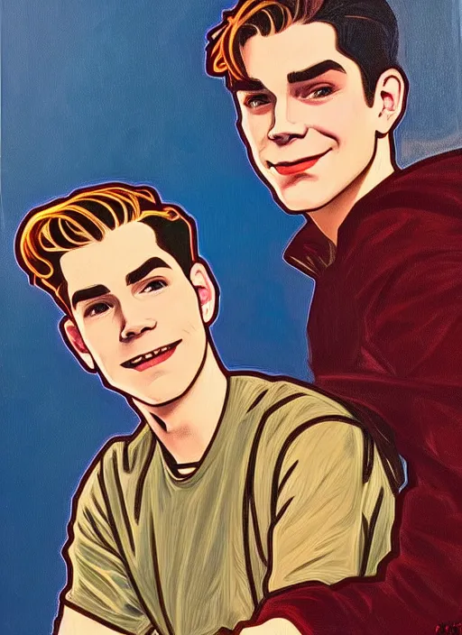 Prompt: oil portrait of archie andrews with a really small jughead jones sitting on his shoulder, they are two different people, intricate, elegant, highly detailed, lighting, painting, artstation, smooth, illustration, art by greg rutowski and alphonse mucha