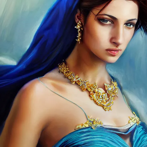 Prompt: detailed painting of a beautiful young Greek female wearing a blue dress with veil by Stanely Artgerm, crystal blue eyes, gold jewellery, long pearly black hair, majestic, beauty, dramatic light, turquoise color scheme, face portrait, ultra realistic, hyper realistic, fantasy, hdr, Trending on Artstation