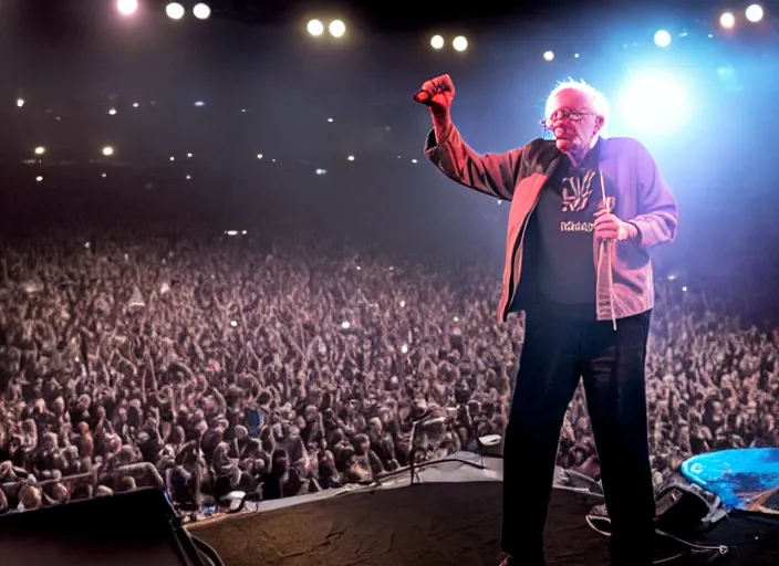 Image similar to publicity photo still of bernie sanders in a punk band playing live on stage, 8 k, live concert lighting, mid shot