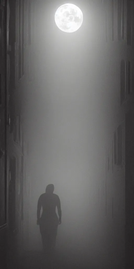 Prompt: a wretched figure at the end of a long hallway reaches out from the darkness, backlit, moonlight,