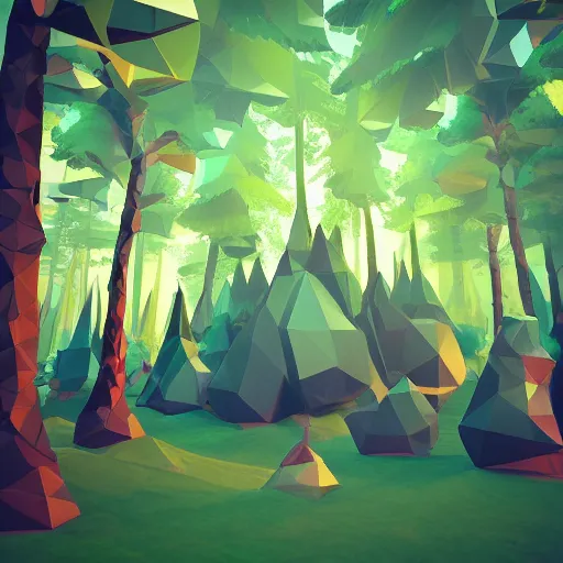 Image similar to low poly landscape of a magical enchanted forest, digital render