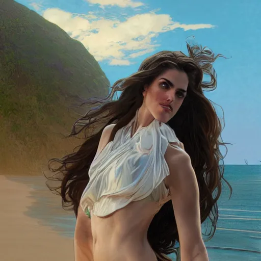Image similar to beautiful ,allison williams standing in front of a beach, intricate, stunning, highly detailed, digital painting, artstation, concept art, smooth, sharp, focus, illustration, art by artgerm and greg rutkowski and alphonse mucha