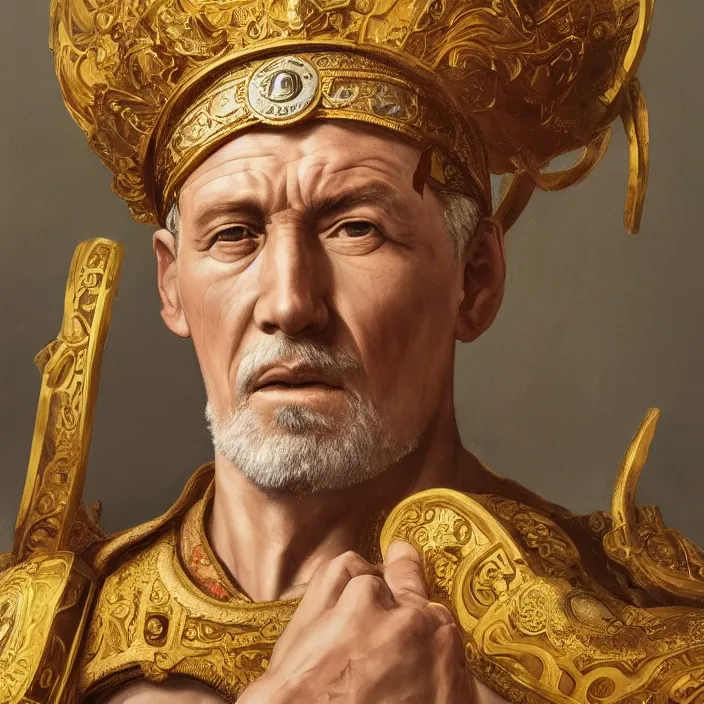 Image similar to excellent painted portrait of the last emperor of rome the ancient caesar invictus, masterpiece painting with detailed face, 4k, trending on artstation, octane render, art by artgerm and greg rutkowski and alphonse mucha and craig mullins and James Jean and Andrei Riabovitchev and Marc Simonetti and peter mohrbacher