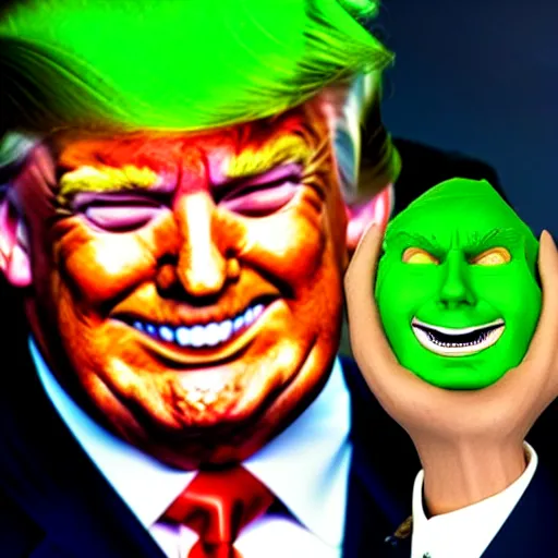 Image similar to trump smiling whilst holding a bunch of green chaos emeralds, highly detailed, realistic, beautiful composition, sharp focus, artstation, sharp focus