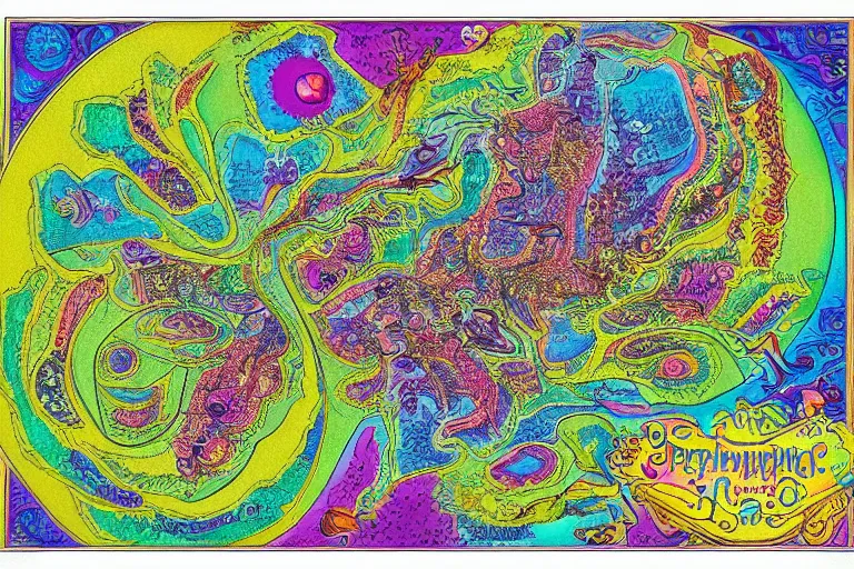 Image similar to Map of a psychedelic realm highly detailed, full color