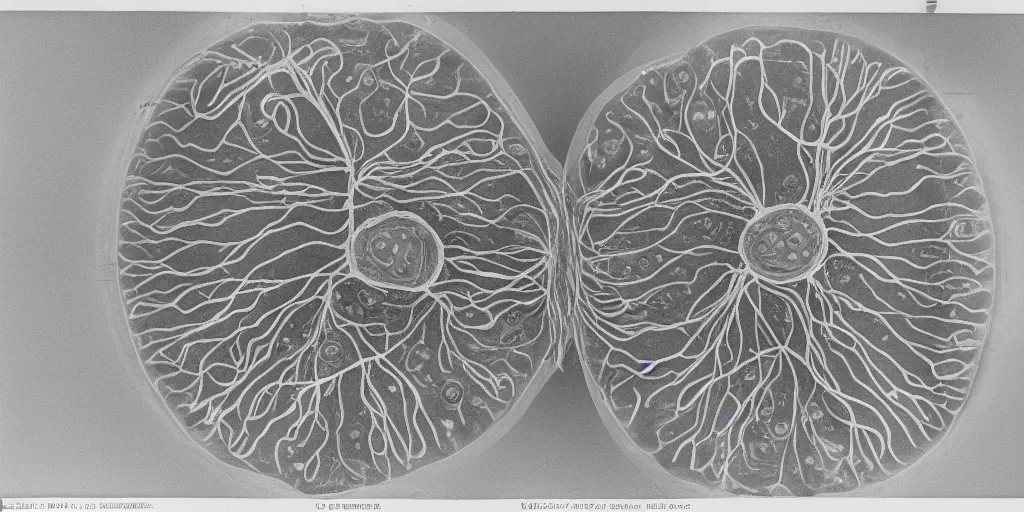 Image similar to well-lit studio photograph of cutaway of the interior of a human cell, showing the nucleus and organelles, made of fruit floating in jello