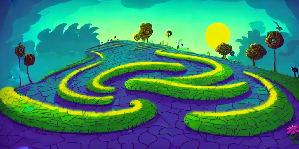 Prompt: long shot camera angle, night dark, curled perspective digital art of spiral clouds cobblestone street with wildflowers top of a hill with curly palmtrees by anton fadeev from nightmare before christmas