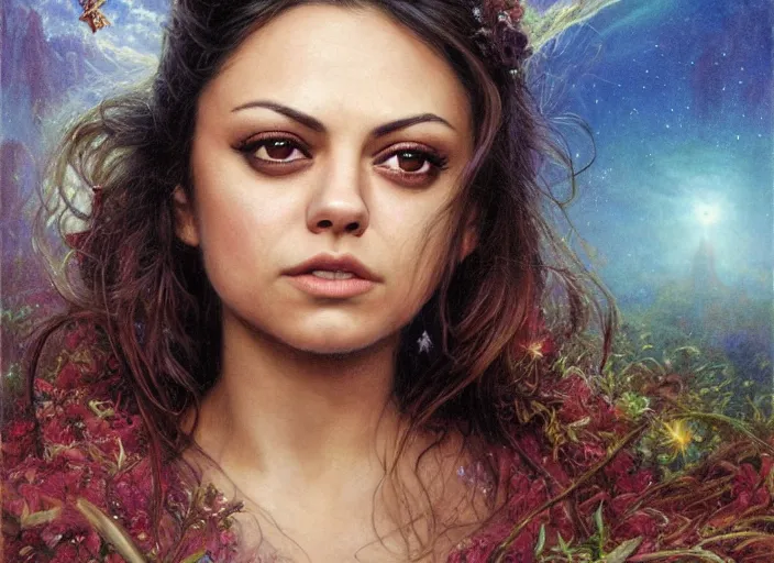 Image similar to Mila Kunis staring into the camera, misty wisps, Lilia Alvarado, Sophie Anderson, Mark Arian, Bob Byerley, Charlie Bowater, Mark Brooks, Steve Henderson, Justin Gerard, Arthur Hughes, Edward Robert Hughes, Mark Keathley, Victor Nizovtsev, Carlos Shwabe, Ross Tran, WLOP