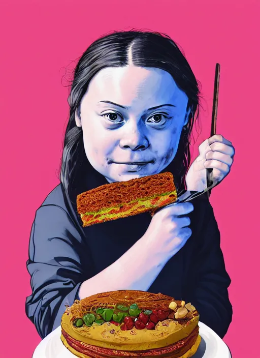 Image similar to greta thunberg eating cakes, detailed digital art, trending on Artstation