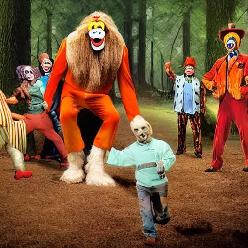 Image similar to bigfoot hunting a group of clowns that are in a circus