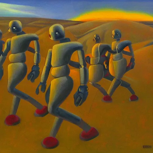 Image similar to robots marching off of a cliff, dystopian, pj crook, edward hopper, oil on canvas