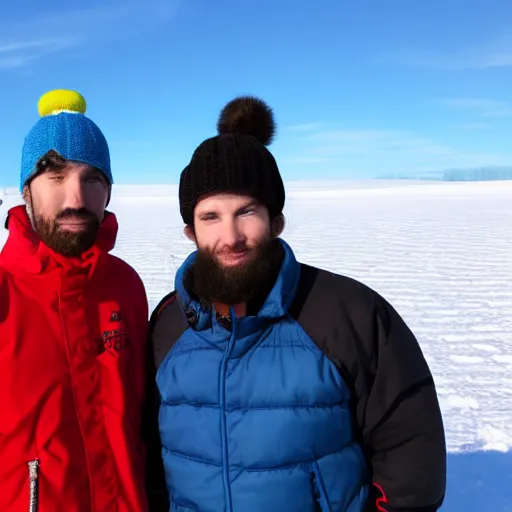 Prompt: two men standing in a snow-covered field, one of them wearing a blue beanie and the other wearing a red beanie, both wearing windbreakers