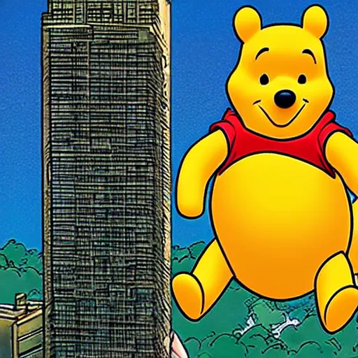 Prompt: winnie - the - pooh climbs skyscraper in comic style