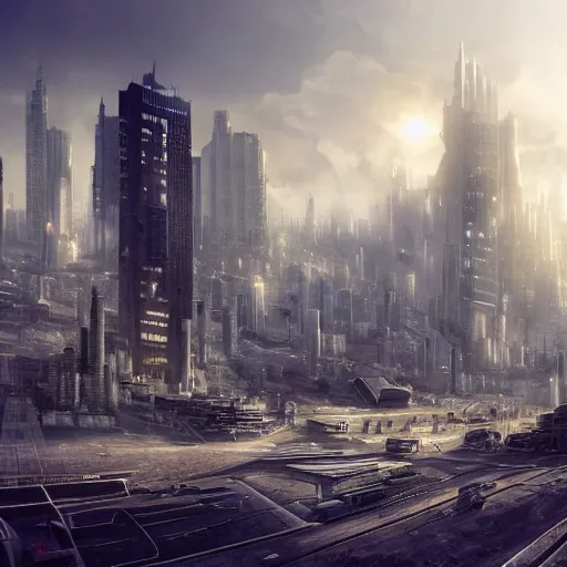 Image similar to dystopian city scape, ultra realistic,