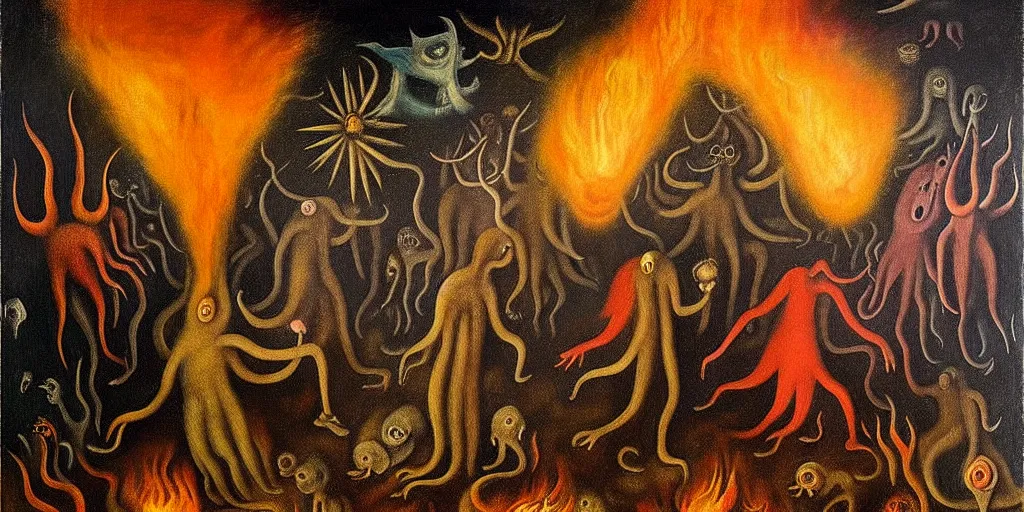 Image similar to personified emotion and thought creatures riot in a fiery wasteland, dramatic lighting glow from giant fire, attempting to escape to the surface and start a revolution, in a dark surreal painting by leonora carrington