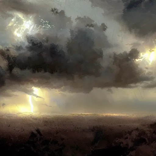 Image similar to a thunderstorm in heaven, ominous, eerie, heavenly, craig mullins