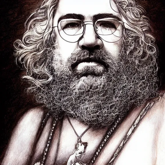 Prompt: a highly detailed portrait of jerry garcia in the style of luis royo.