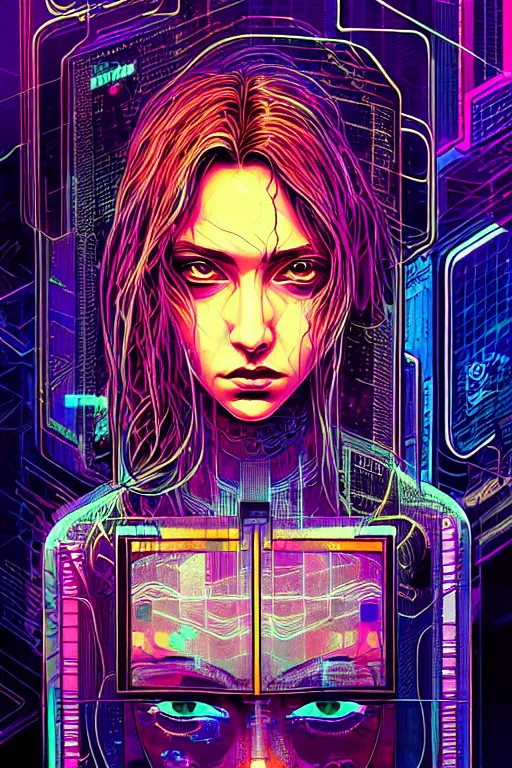 Image similar to dreamy cyberpunk girl, abstract mirrors, digital nodes, beautiful woman, detailed acrylic, grunge, intricate complexity, by dan mumford and by konstantinas ciurlionis