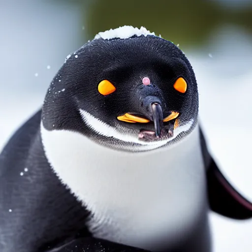 Image similar to hyperrealistic photo of pingu in real life, an arctic wildlife photographer's picture, extremely detailed, impressive shading, snowscapes in the beakground