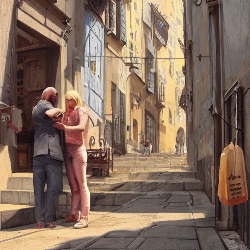 Image similar to a blonde woman & Michael mcintyre searching for food in Porto, greg rutkowski