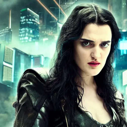 Image similar to Katie McGrath as Cyberpunk Morgana