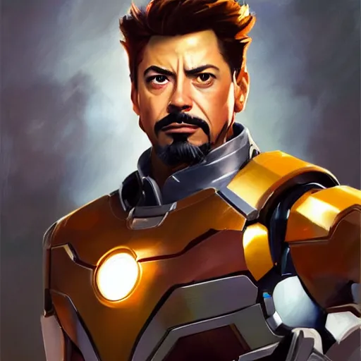 Image similar to greg manchess portrait painting of tony stark as overwatch character, totally whack, medium shot, asymmetrical, profile picture, organic painting, sunny day, matte painting, bold shapes, hard edges, street art, trending on artstation, by huang guangjian and gil elvgren and sachin teng