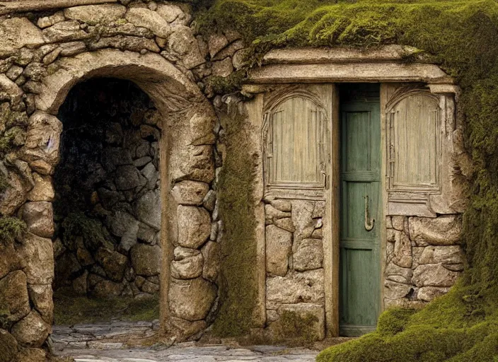 Image similar to labyrinth stone wall with two doors. one is a a carved stone door overgrown with moss. the other is a door made of old wood and rusty metal. by edgar maxence and caravaggio and michael whelan and delacroix style, artistic, intricate painting, cinematic lighting, hyper realistic, extremely detailed, 8 k resolution, establishing shot, dramatic lighting