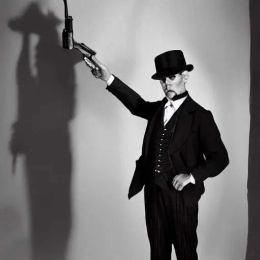 Prompt: Photograph of a man with a stern look dressed in a 1920s attire. He is pointing a gun and seems mentally unstable. 4K, dramatic lighting