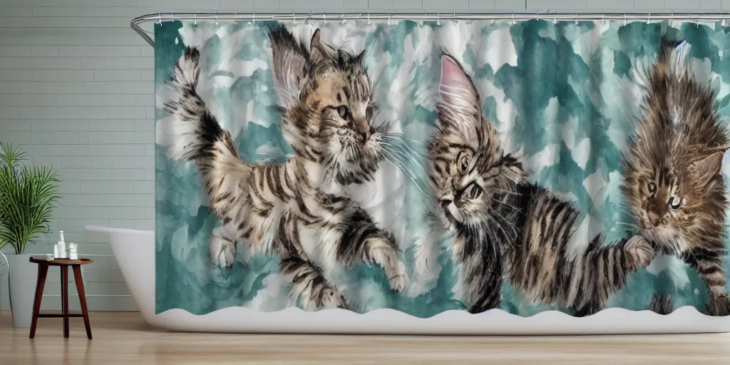 Image similar to shower curtain product catalog. on the curtain is a watercolor with ink under drawing of a cat toy being chased by a maine coon kitten. wide - angle product photography, product lighting. 4 k, highly detailed. saturated.