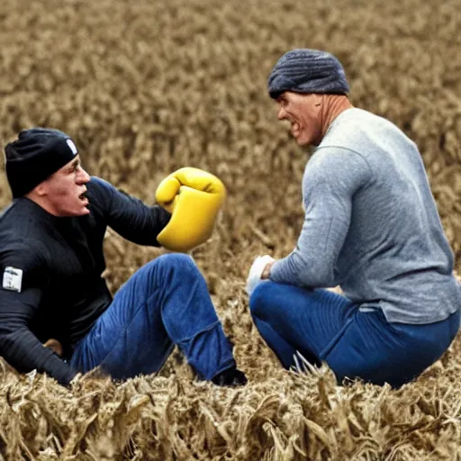 Prompt: rocky balboa punching joe biden in the middle of a corn maze