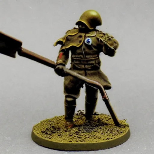 Image similar to an ecstatic Death Korps of Kreig soldier wearing grey and wielding a shovel