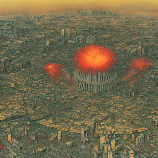 Image similar to aerial view of a nuclear explosion in the middle of a post apocalyptic city surrounded by vegetation, katsuhiro otomo, hyper detailed, 4 k