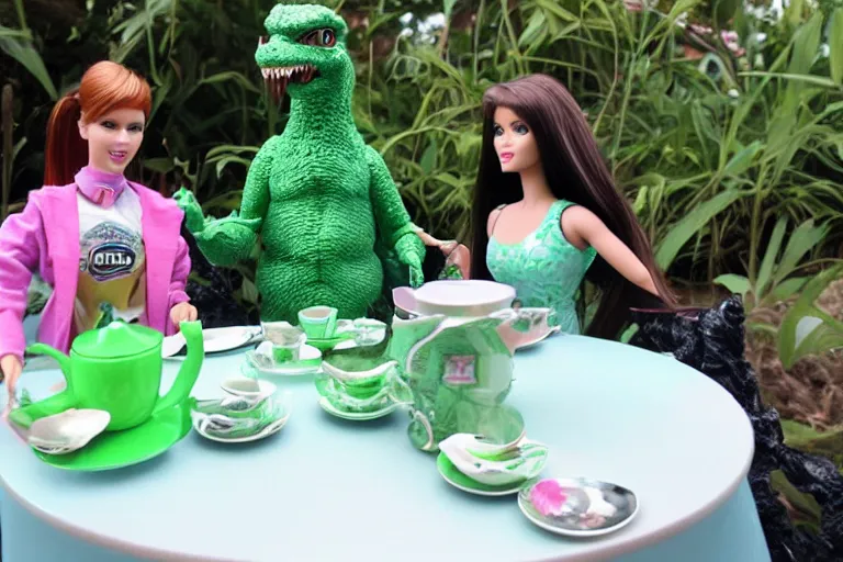 Image similar to Godzilla tea party with Barbie, plastic barbie doll, green rubber suit godzilla