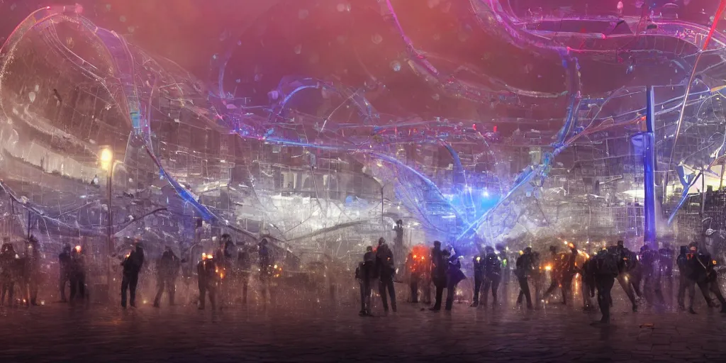 Image similar to policemen protecting a huge spiral - shaped bright luminous attractor right in the center of the city from protesting people,, rain and light fog, professional lighting, concept art in 3 d, high detail, professional lighting