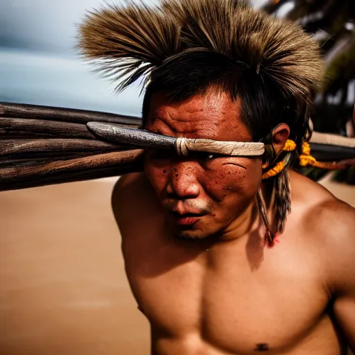 Image similar to a pacific islander warrior on a canoue, 4 k, hyper realistic, dslr, high resolution, landscape, beautiful