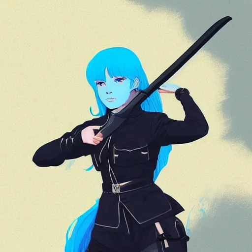 Image similar to ilya kuvshinov with long hair, sky blue hair, hazel eyes, boyish face, wielding a sword and shield, professional digital painting, concept art, award - winning photography, cinematic, forest background, awe, regal, wlop, art by andy warhol, pixiv art, yoshitaka amano