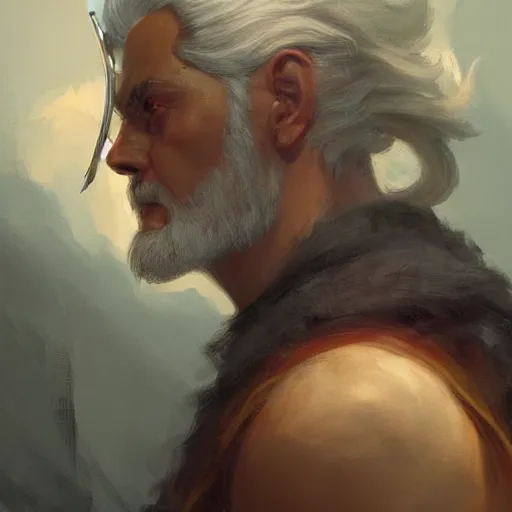 Image similar to a beautiful artwork side profile portrait of a odin with horns by greg rutkowski , featured on artstation, norse mythology, valhalla