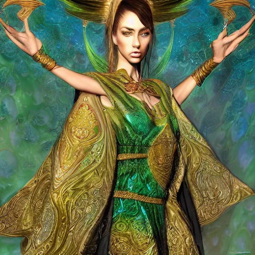 Image similar to a beautiful woman wearing a green kaftan made of silk with golden ornaments by Karol Bak, Ayami Kojima, Amano , concept art, character design, fantasy,3D, 8k resolution