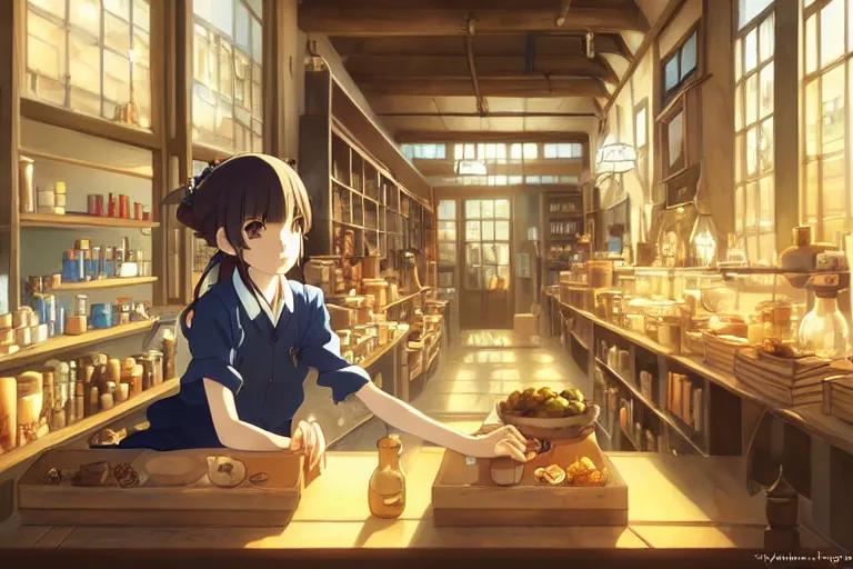 Image similar to anime visual, portrait of a young female traveler in a alchemist's shop interior, cute face by yoh yoshinari, katsura masakazu, studio lighting, dynamic pose, dynamic perspective, strong silhouette, anime cels, ilya kuvshinov, cel shaded, crisp and sharp, rounded eyes, moody, ( ( blue tones ) )