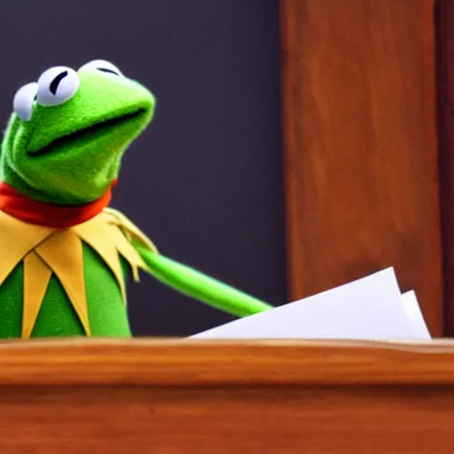 Image similar to kermit the frog gets tried for tax evasion, court