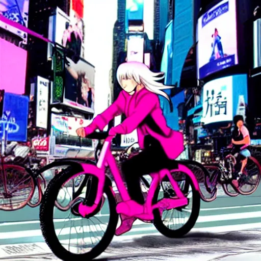 Prompt: Photo of Sakura Haruno riding a bike in the Times Square