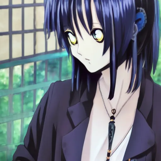 Image similar to 1 7 - year - old anime goth girl, black hair, long bob cut, long bangs, gothic coat, holding, shibuya, blue sunshine, in front of ramen shop, strong lighting, strong shadows, vivid hues, raytracing, sharp details, subsurface scattering, intricate details, hd anime, very - high - budget anime movie, 2 0 2 1 anime