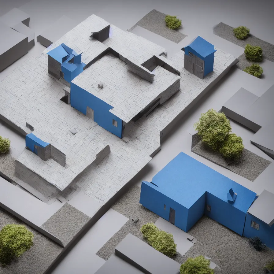 Image similar to architectural model, isometric view, 3 d render, studio lighting, wood and paper, low contrast, dark background, highly detailed, house, courtyard, tree, blue, mvrdv