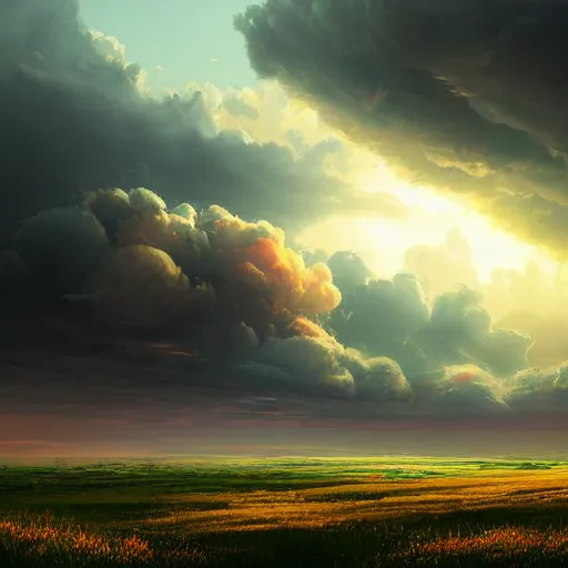 Image similar to Storm brooding over the plains, matte painting by Sylvain Sarrailh. Bright volumetric sunlight