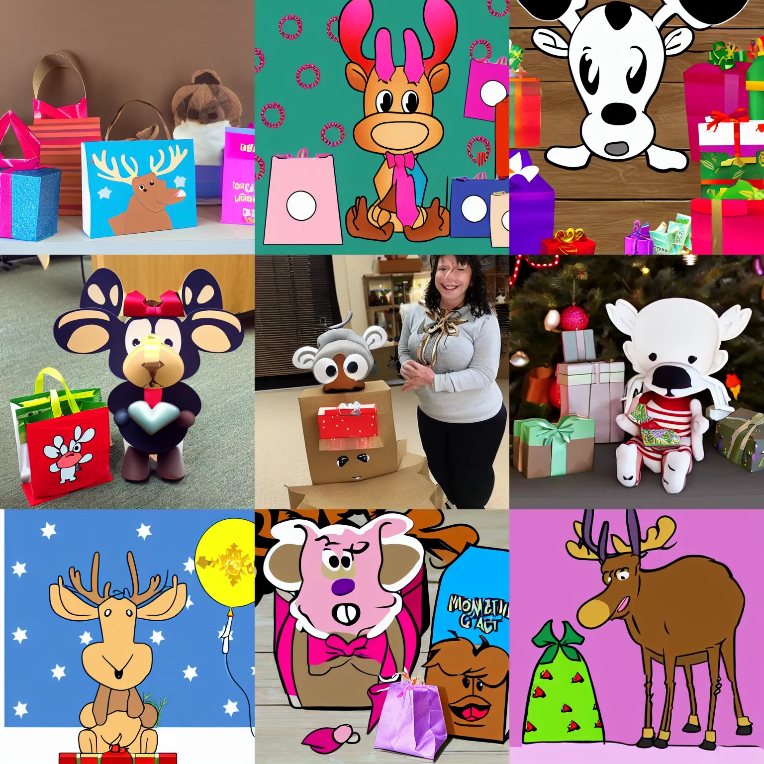 Prompt: cartoon moose giving gift bags