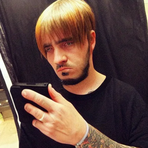 Prompt: A Middle aged man frowning with an emo scene haircut in the 2000s taking a low resolution selfie of himself, photograph, taken in the mid 2000s, highly detailed, very detailed, realistic, hyperrealistic, real life, HD Quality, 8k resolution